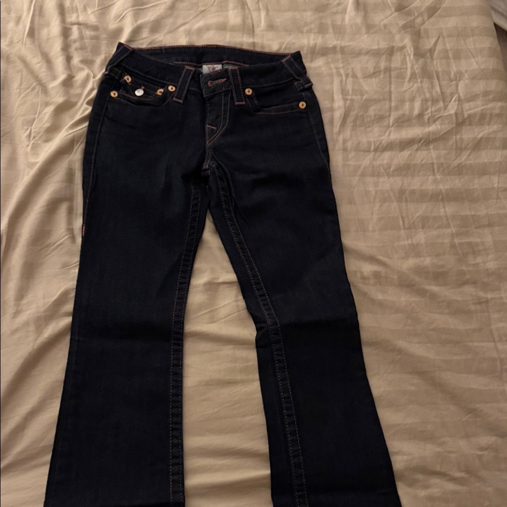 True Religion Women's Dark Indigo Flare Jeans with Contrast Stitching